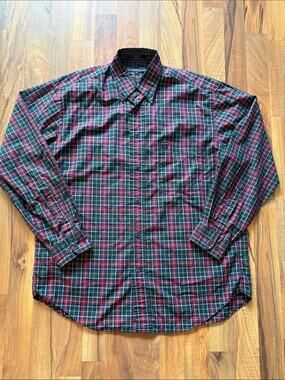 Faconnable Men's Plaid Button-Down Shirt — Red, Green & Blue Size M